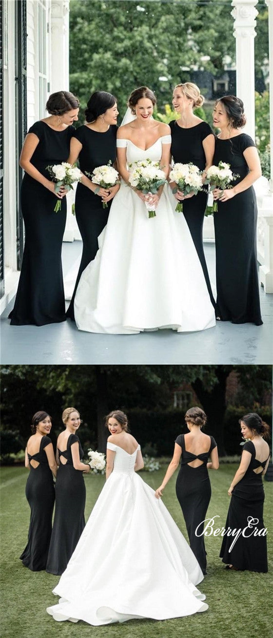 Cap Sleeves Long Mermaid Black Jersey Bridesmaid Dresses, Long Bridesmaid Dresses, Cheap Bridesmaid Dresses