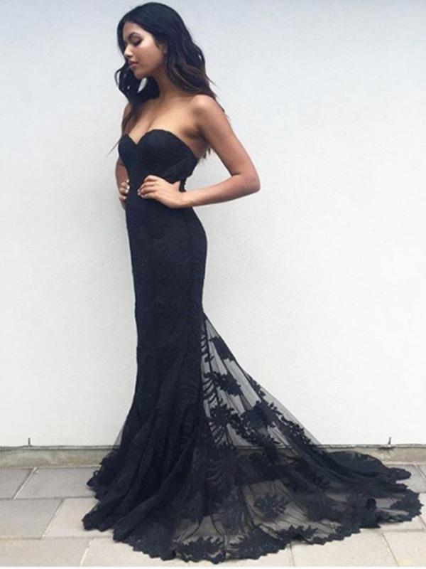 Sweetheart Black Lace Mermaid Prom Dresses, Evening Dresses