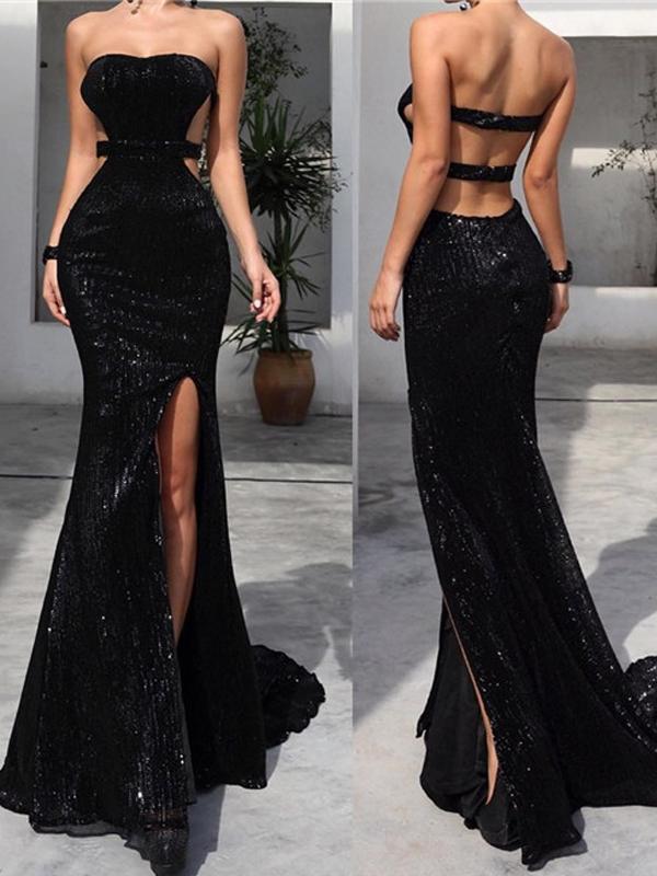 Strapless Long Mermaid Black Sequin Side Slit Prom Dresses