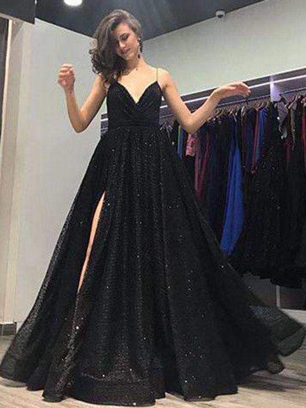Long A-line Side Slit Sequin Prom Dresses，Spaghetti Evening Dresses