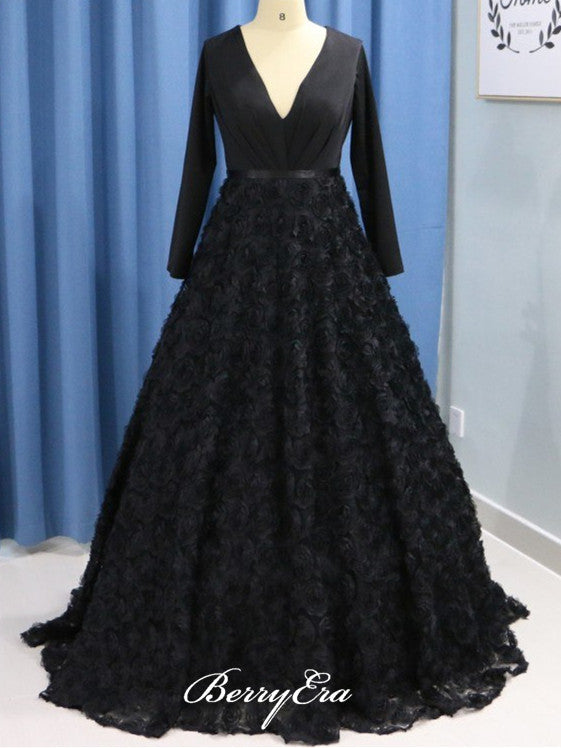 V-neck 3D Floral Black Prom Dresses, Gorgeous Prom Dresses, Long Prom Dresses