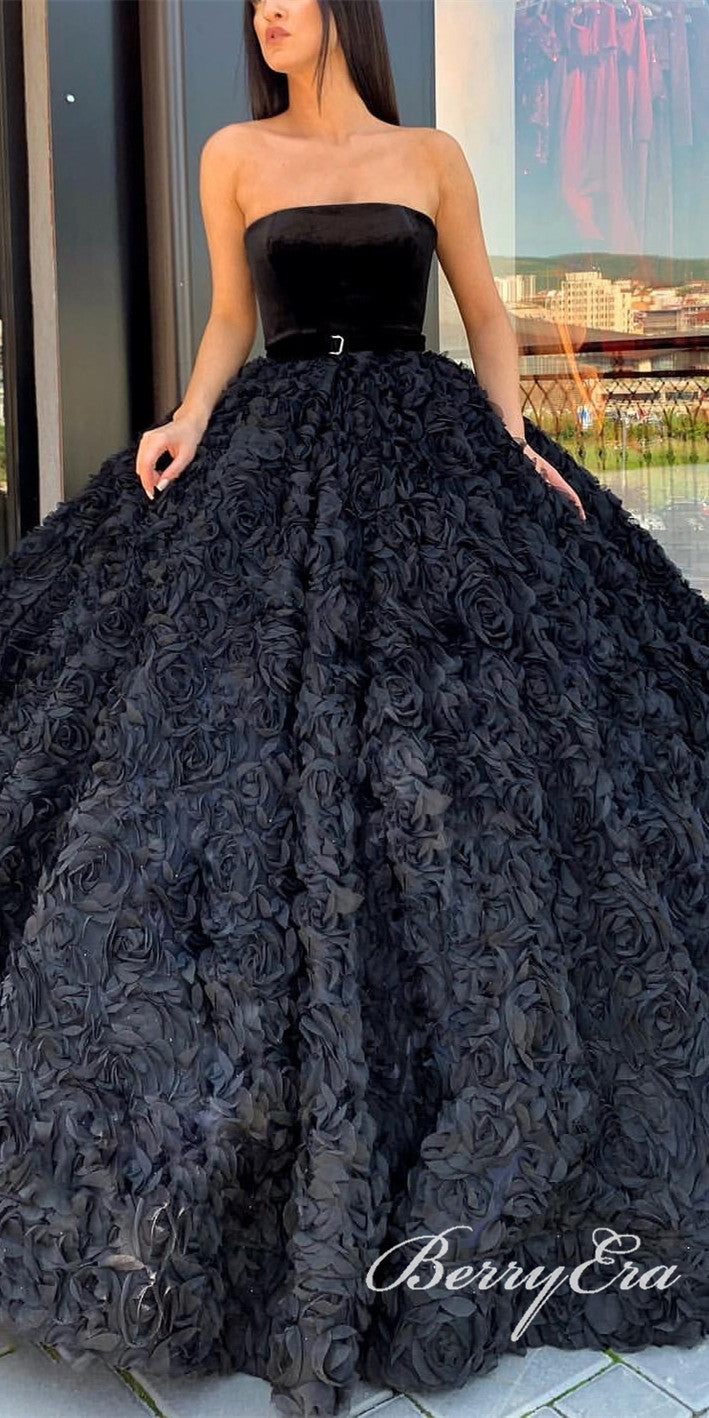 Strapless Long A-line Black 3D Flower Velvet Top Prom Dresses, Ball Gown, Luxury Prom Dresses