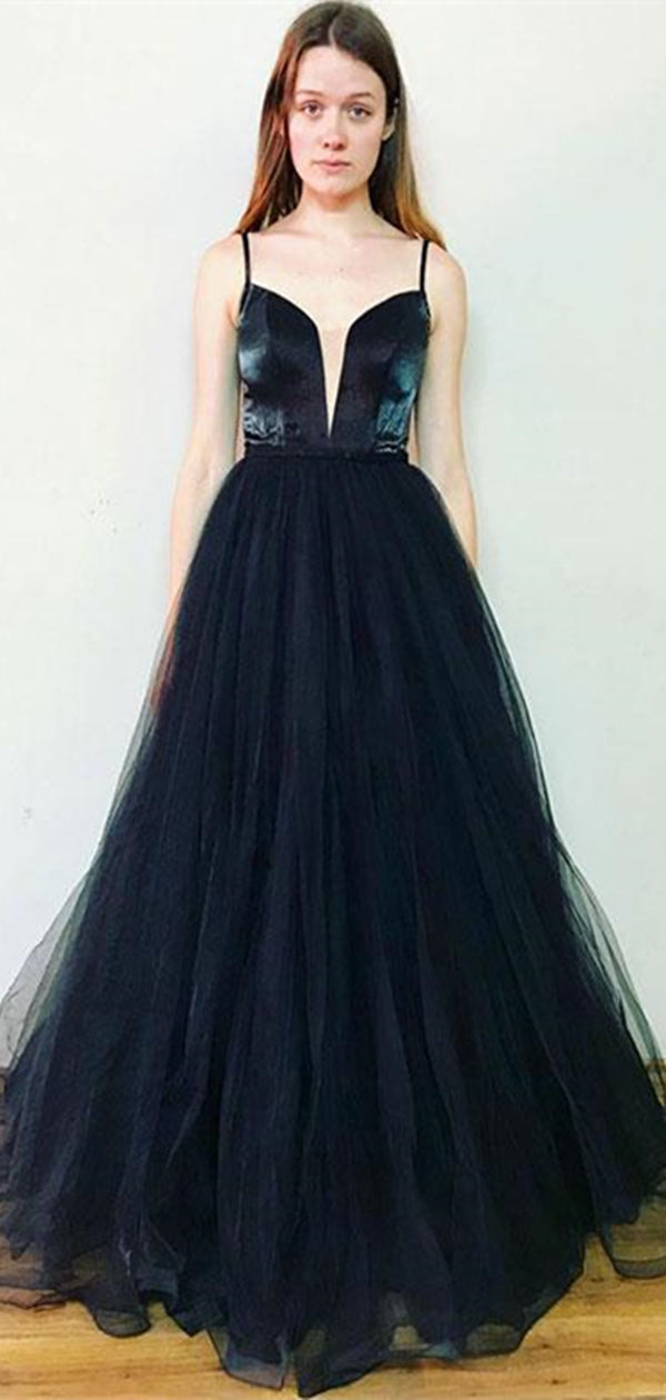 Spaghetti Long A-line Black Satin Tulle Prom Dresses, Simple Prom Dresses