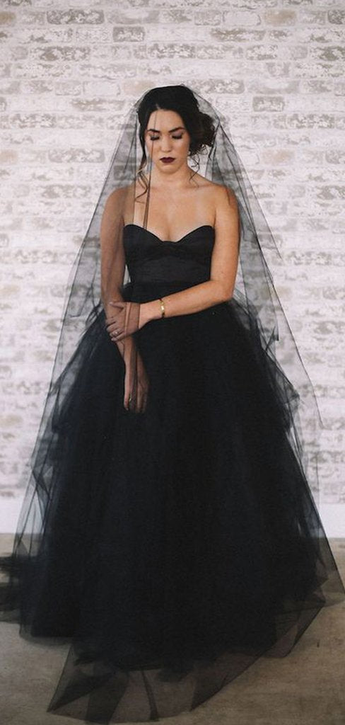 Sweetheart Long A-line Black Tulle Wedding Dresses, Bridal Gown