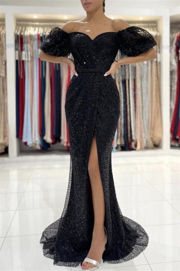 Off Shoulder Bubble Sleeves Black Shiny Prom Dresses, Mermaid Prom Dresses, Newest 2022 Prom Dresses, RC026