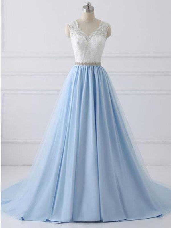 V-neck Lace Top Light Blue Long A-line Prom Dresses