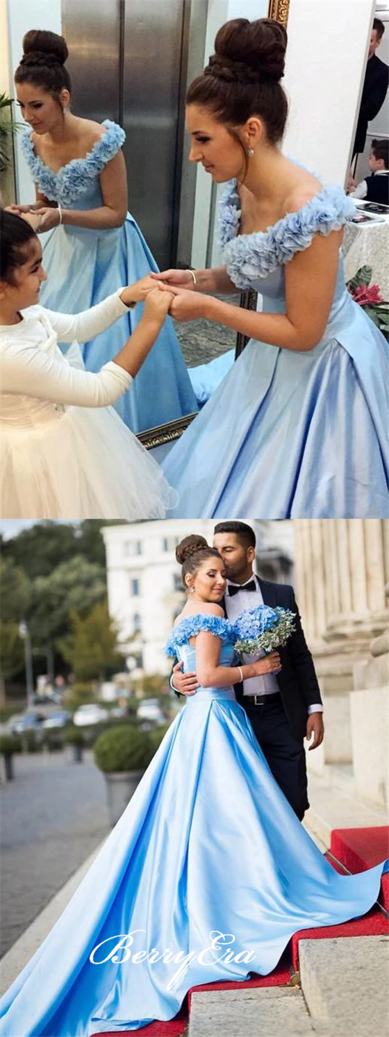 Off Shoulder Blue Satin Appliques Long Prom Dresses, Simple Prom Dresses