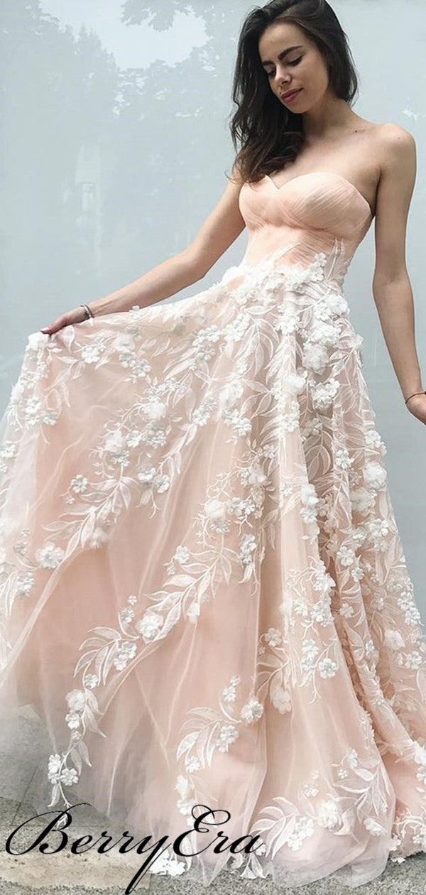 2019 Newest Strapless 3D Flower Prom Dresses, Elegant Long Prom Dresses