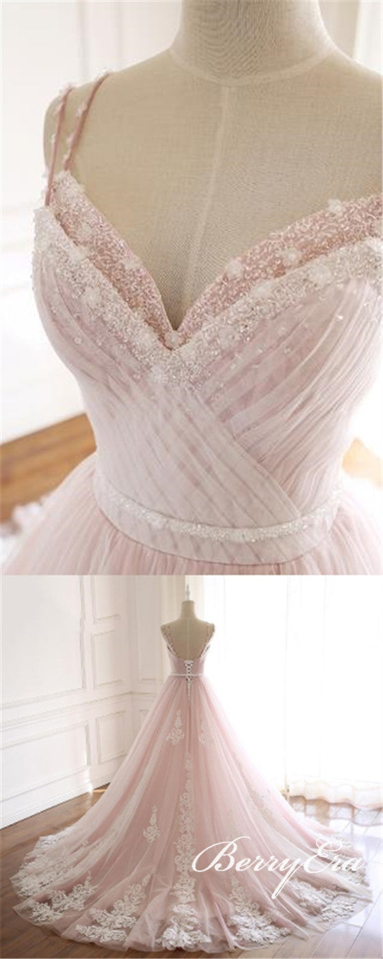 Blush Pink Lace Tulle Wedding Dresses, Beaded Wedding Dresses, Bridal Gown