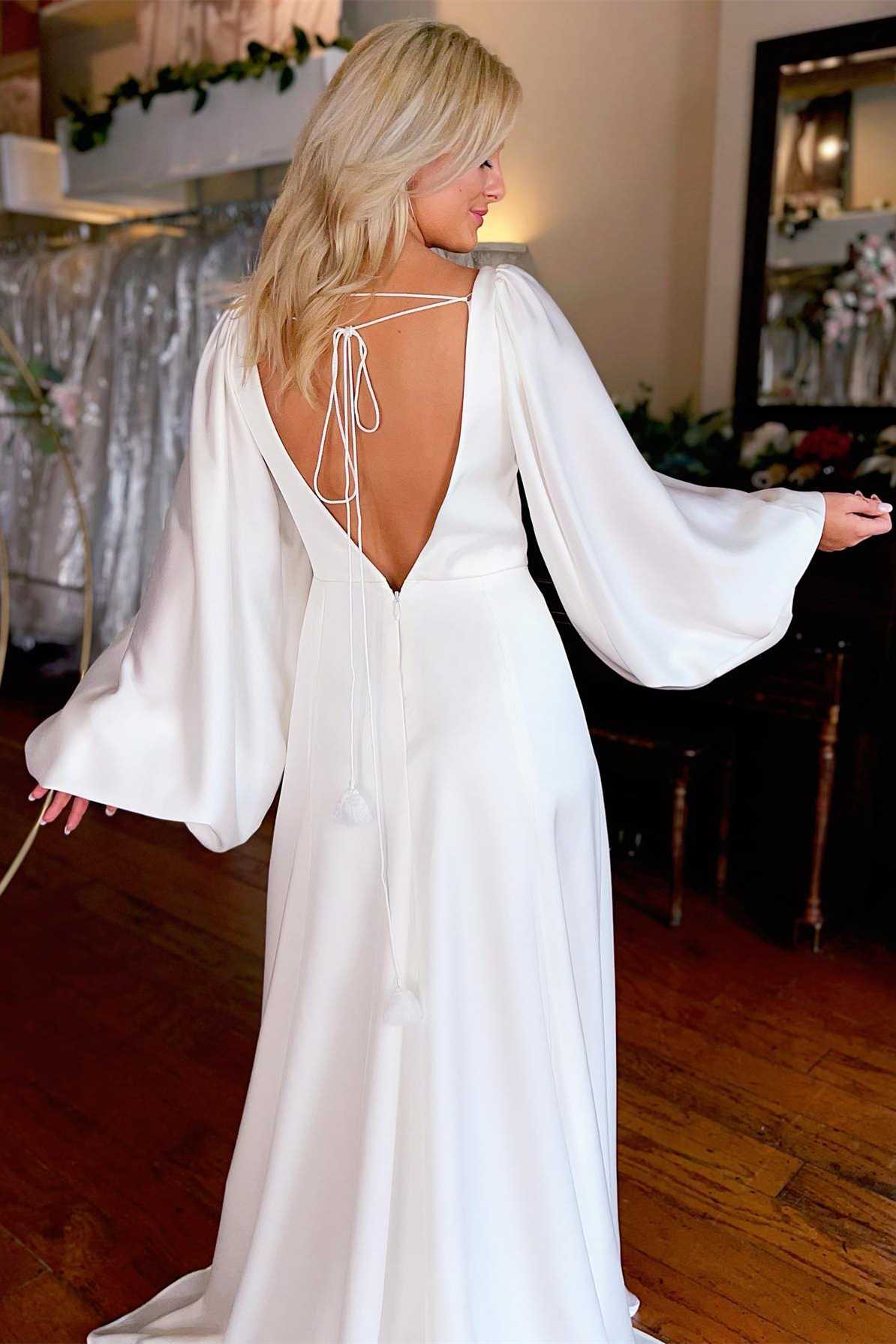 Bubble Sleeves Fashion Wedding Gowns, Deep V-neck Wedding Dresses, Popular Bridal Gowns