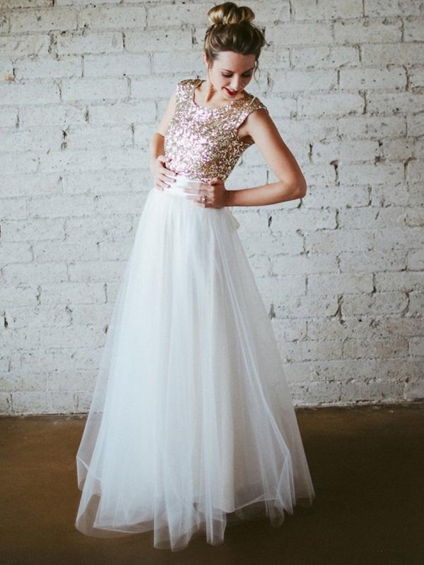 Sequin Top Tulle Skirt Long Bridesmaid Dresses