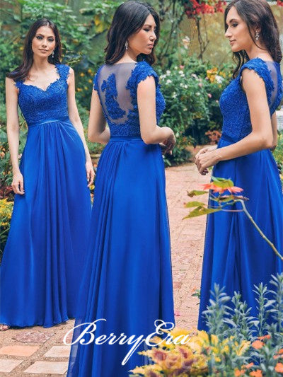 Cap Sleeves Royal Blue Lace Chiffon Bridesmaid Dresses, Long Bridesmaid Dresses
