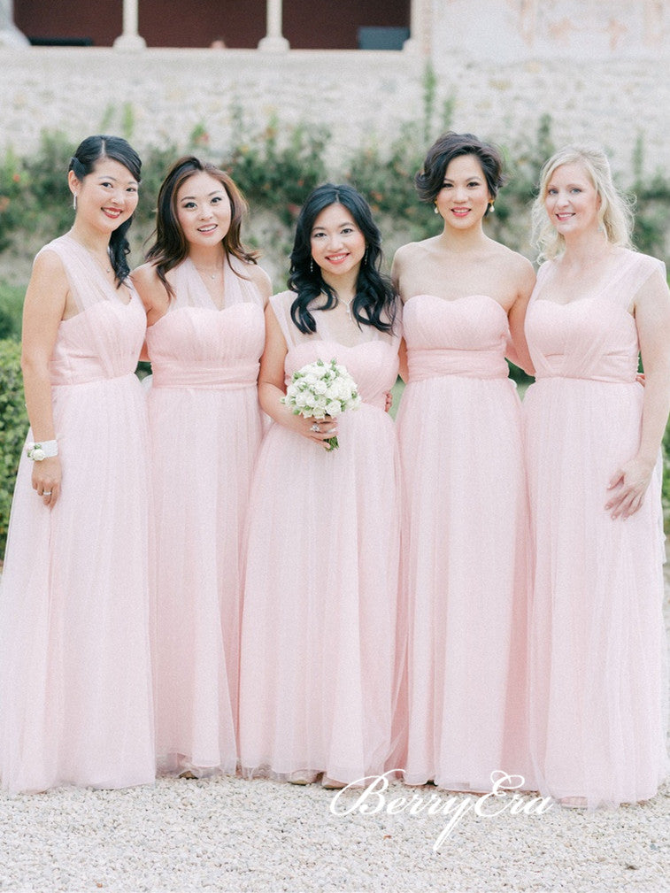 Pink Convertible Long A-line Tulle Bridesmaid Dresses