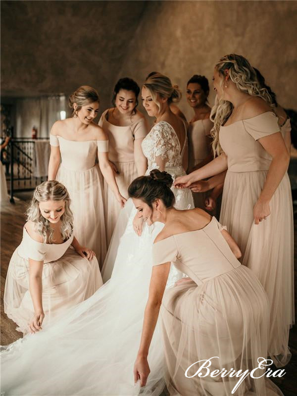 Off Shoulder Long A-line Tulle Bridesmaid Dresses