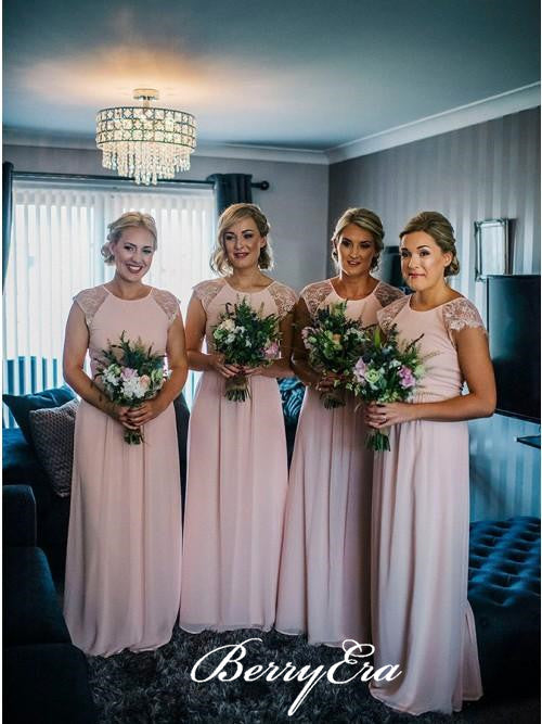Cap Sleeves A-line Chiffon Blush Pink Long Bridesmaid Dresses