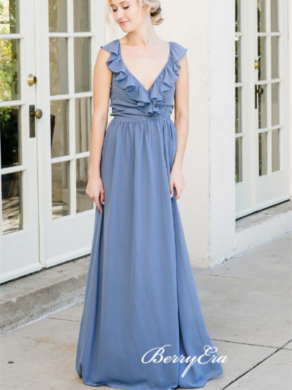 V-neck Ruffled A-line Blue Bridesmaid Dresses