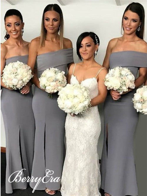 Grey Off Shoulder Long Sheath Side Slit Long Bridesmaid Dresses
