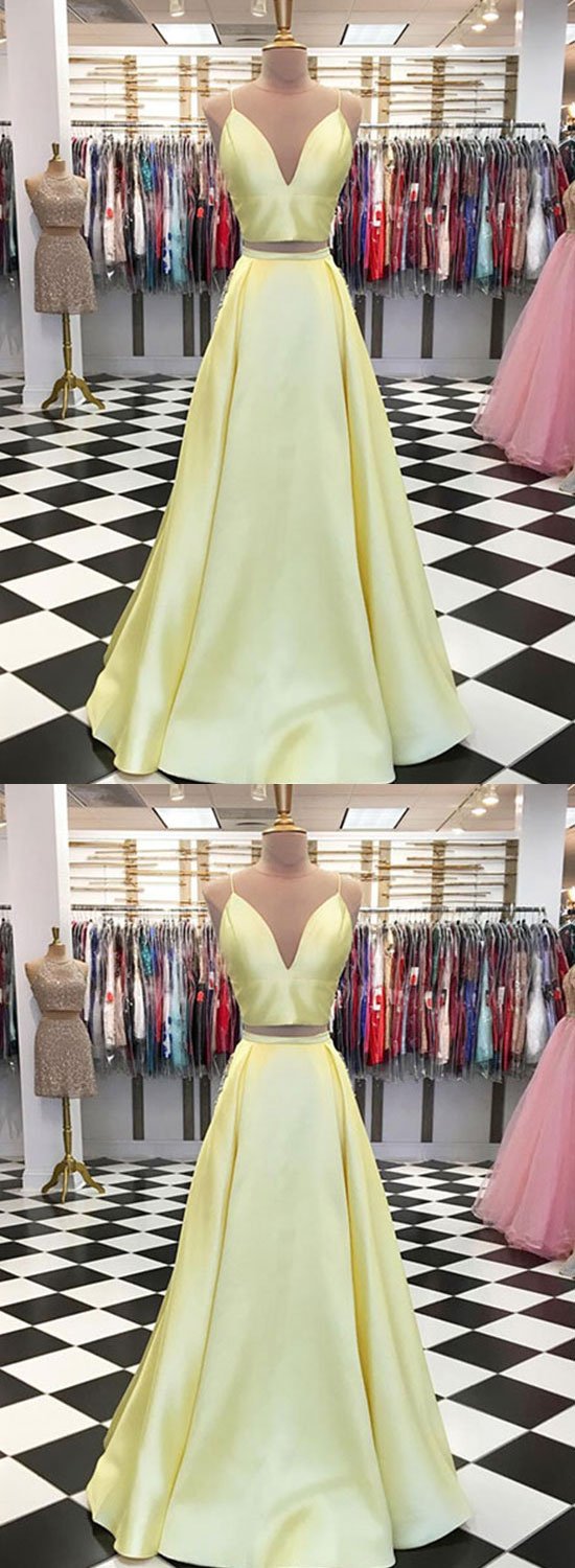 A-Line Two Pieces Long Prom Dress,V-neck Prom Dresses