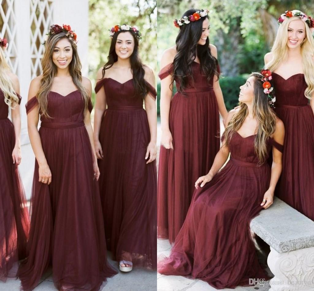 Off Shoulder Dark Red Tulle Bridesmaid Dresses, Long Bridesmaid Dresses