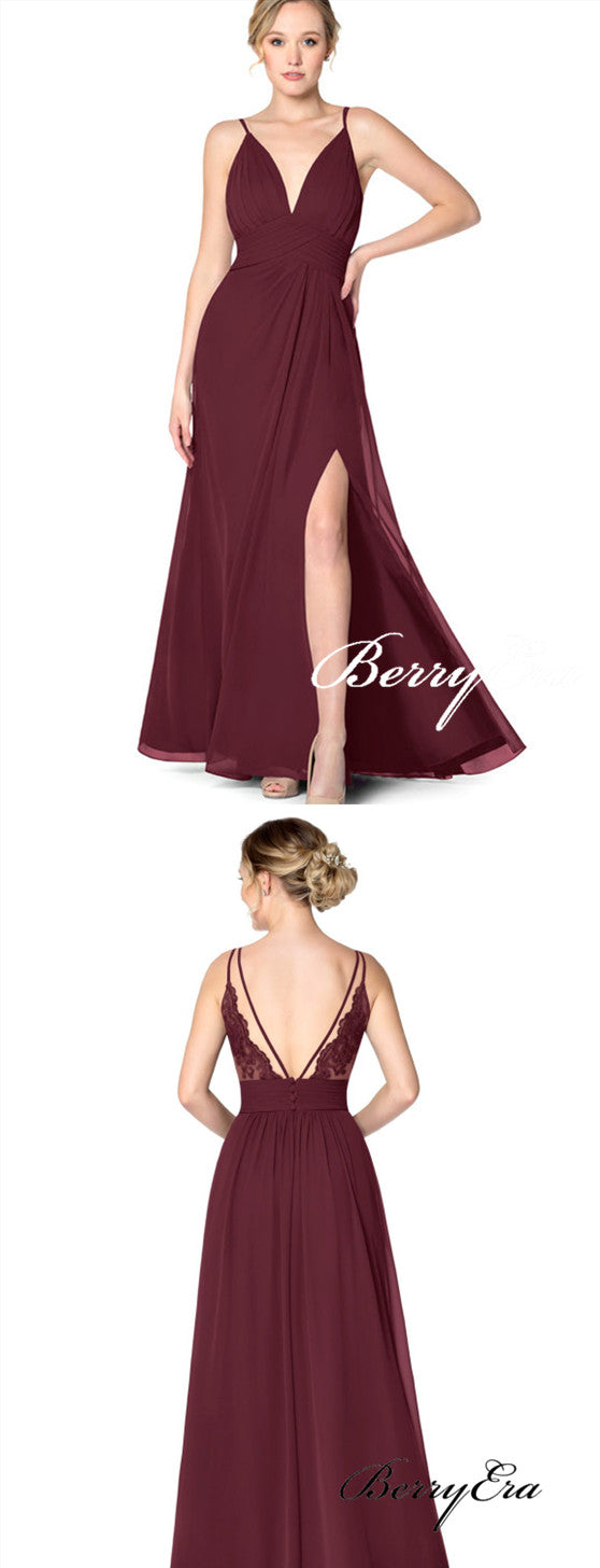 Burgundy Long A-line Chiffon Bridesmaid Dresses