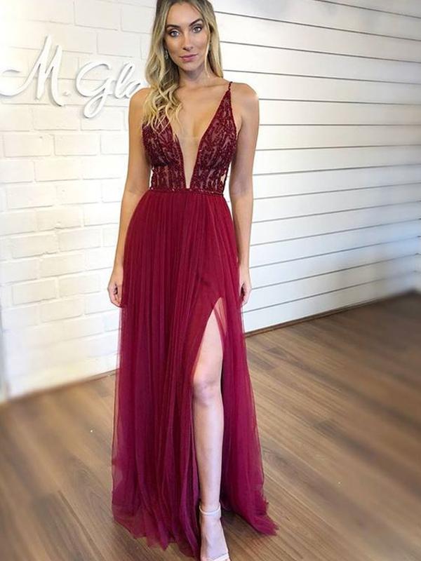 Deep V-neck Beaded Tulle Side Slit Long Prom Dresses