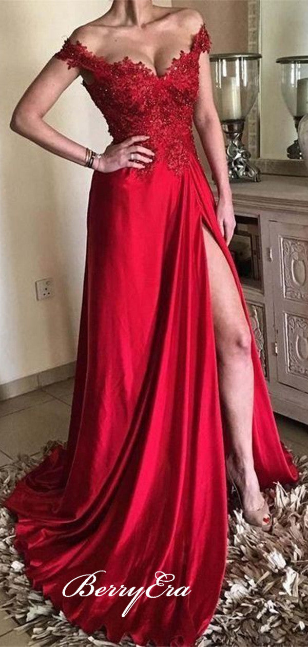 2019 Off The Shoulder Slit Prom Dresses, Lace Long Gown Dresses