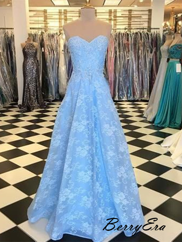 Popular Blue Lace Long Prom Dresses, Strapless Party Prom Dresses