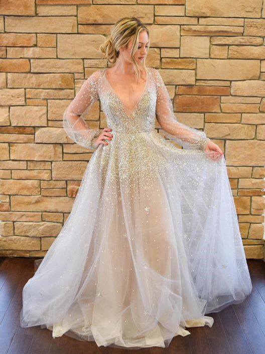 V-neck Light Grey Sequin Tulle Wedding Dresses, Long Sleeves Wedding Dresses, Open Back Bridal Gown