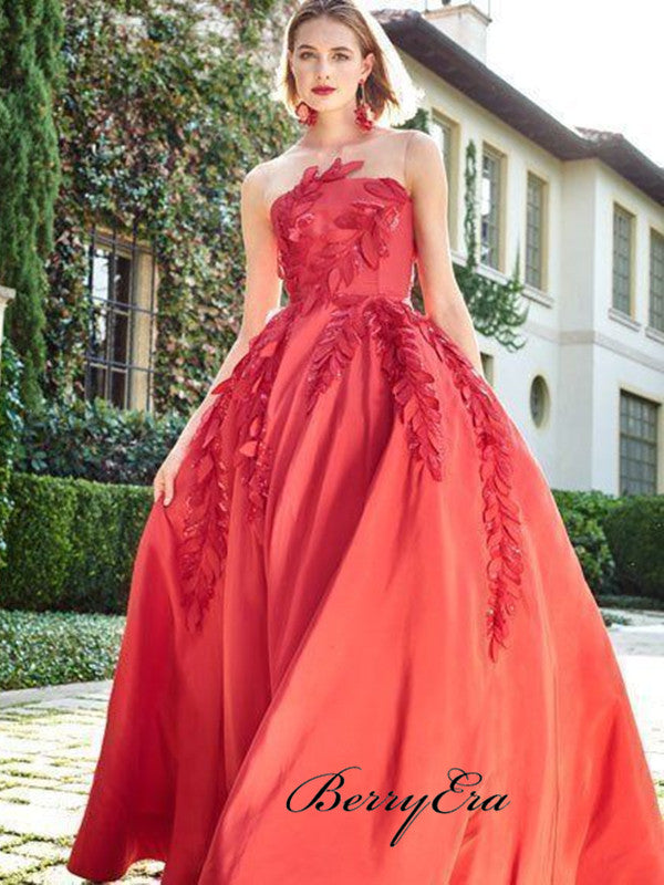 Red Color Appliques A-line Prom Dresses, Strapless Long Prom Dresses