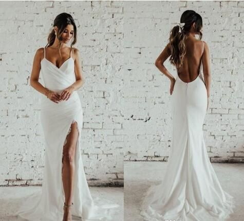 Spaghetti Long Mermaid Jersey Lace Wedding Dresses, Simple Design Bridal Gown