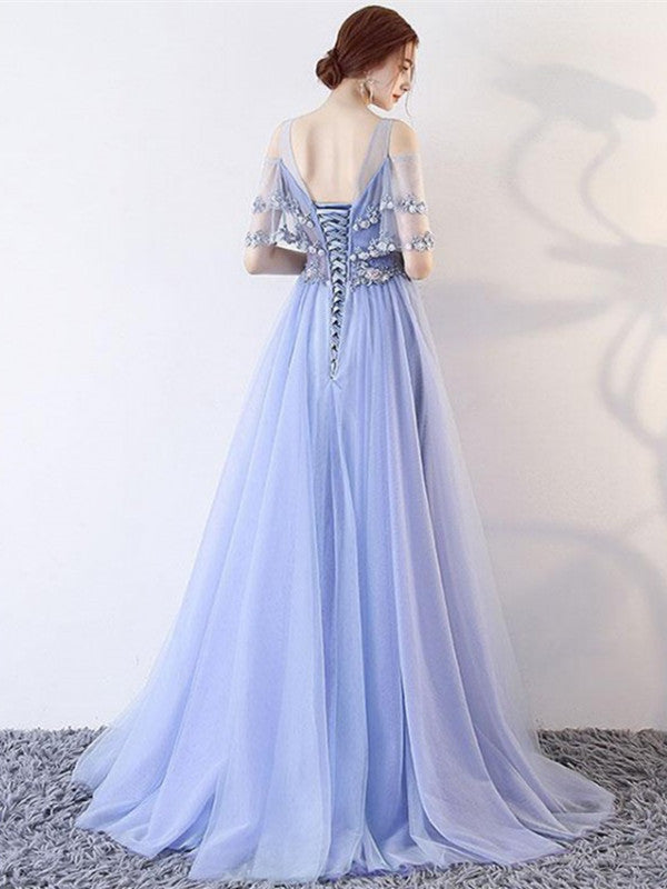Light Purple Lace Prom Dress, Long Prom Dress A-line