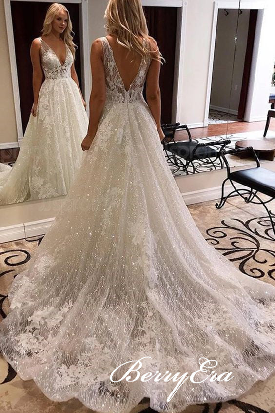 Deep V-neck Sequin Tulle Lace Wedding Dresses, Sparkle Wedding Dresses, Long Bridal Gown