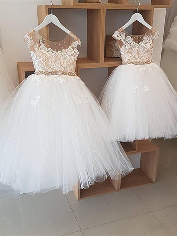 Round Neck Illusion Tulle Lace Flower Girl Dresses, Beaded Flower Girl Dresses, Cute Flower Girl Dresses