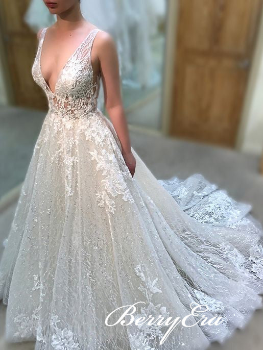 Deep V-neck Sequin Tulle Lace Wedding Dresses, Sparkle Wedding Dresses, Long Bridal Gown