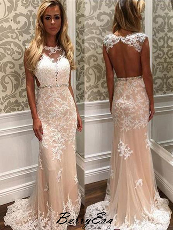 Newest Elegant Open Back Lace Long Prom Dresses, Fancy Prom Dresses 2019