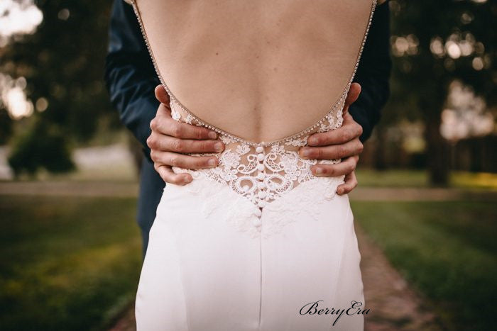 Simple Design Backless Beaded Wedding Dresses, Lace Wedding Dresses