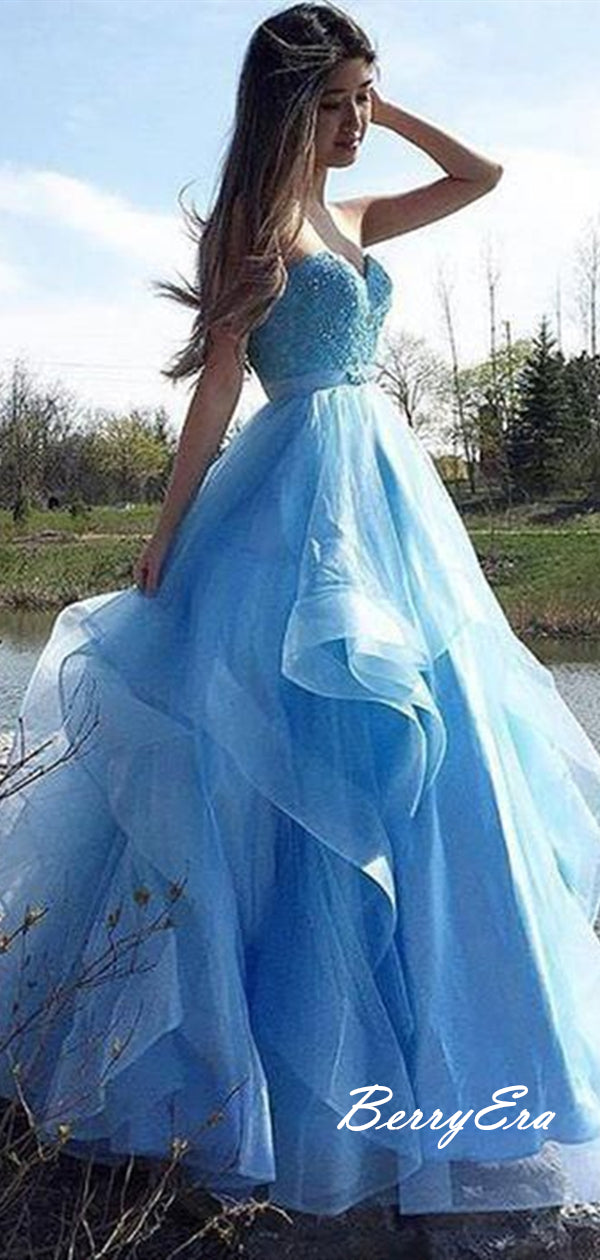 Light Blue Strapless Modest Prom Dresses, A-Line Tulle Long Prom Dresses