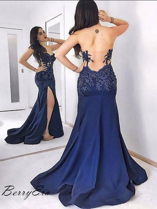 Strapless Navy Blue Lace Appliques High Slit Long Prom Dresses, Popular Prom Dresses