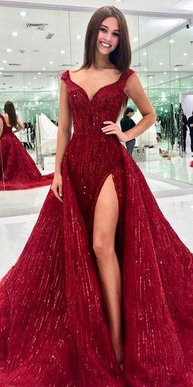 Off Shoulder Long Mermaid Red Beaded Prom Dresses, Side Slit 2021 Prom Dresses, Affordable Prom Dresses