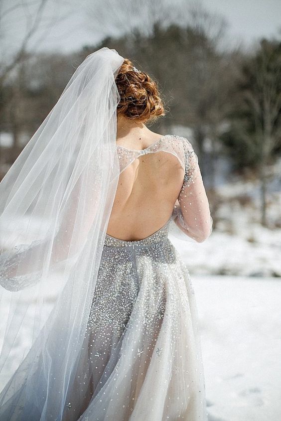 V-neck Light Grey Sequin Tulle Wedding Dresses, Long Sleeves Wedding Dresses, Open Back Bridal Gown