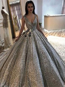 V-neck Silver Sequin Ball Gown Prom Dresses, Long Prom Dresses, 2021 Prom Dresses, Sparkle Prom Dresses