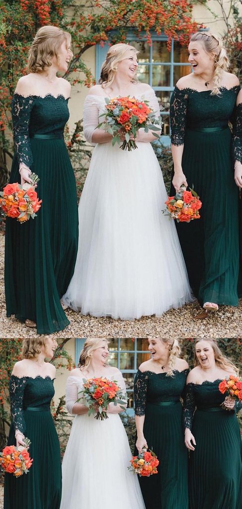 Off Shoulder Emerald Green Long A-line Chiffon Lace Bridesmaid Dresses