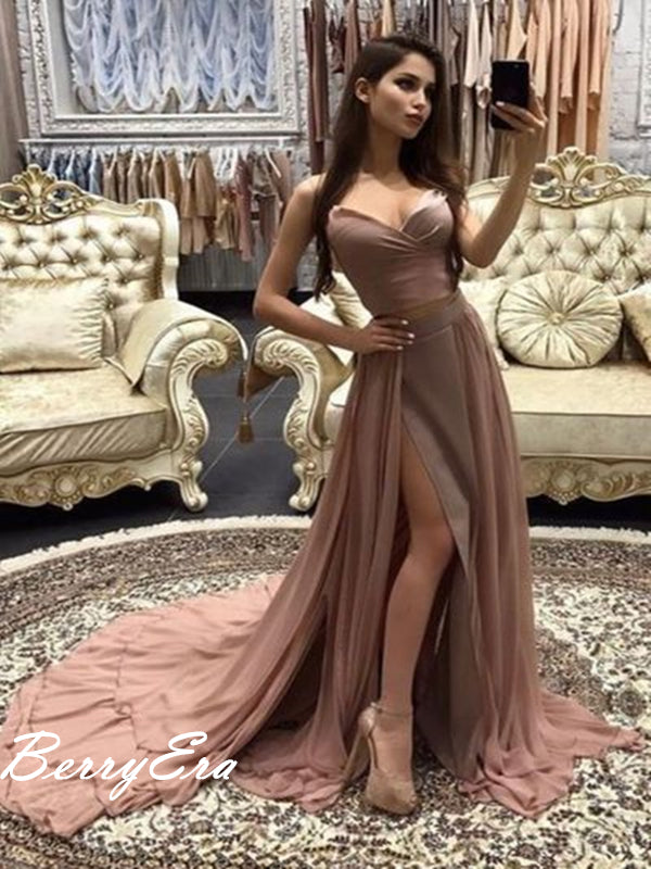 Popular Chiffon Slit Long Strapless Prom Dresses, Cheap Prom Dresses