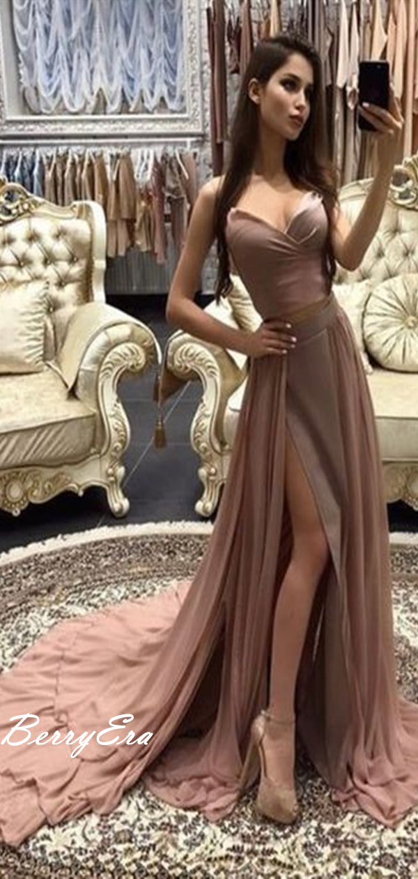 Popular Chiffon Slit Long Strapless Prom Dresses, Cheap Prom Dresses