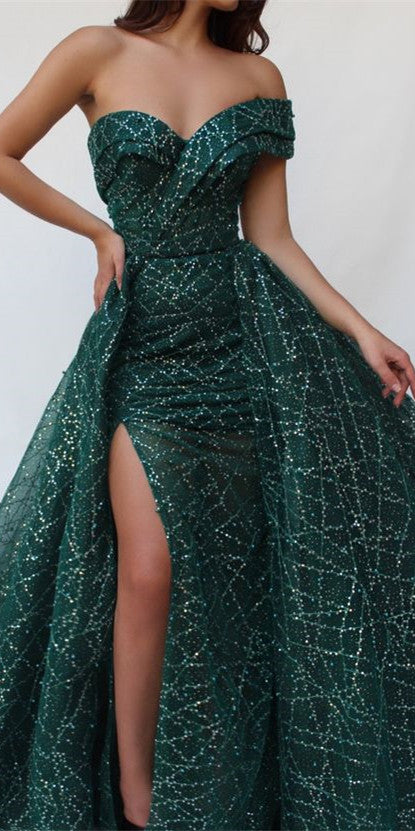 Off The Shoulder Dark Green Sequin Tulle Long Prom Dresses, 2021 Prom Dresses, Mermaid Prom Dresses