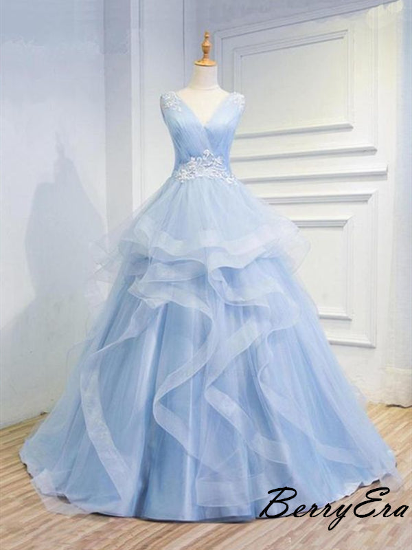 Light Blue Tulle Strapless Long Prom Dresses, A-line Modest Prom Dress