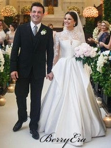 High Neck Lace Top Ivory SAtin A-line Wedding Dresses, Elegant Long Wedding Dresses, Bridal Gown