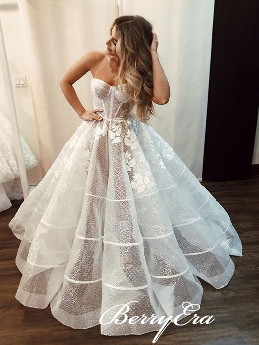 Sweetheart Long A-line Sequin Tulle Appliques Wedding Dresses