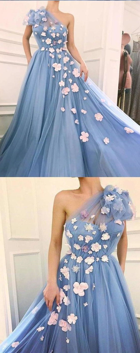 One Shoulder Long A-line Blue Tulle Prom Dresses, 3D Flowers Prom Dresses, 2020 Long Prom Dresses