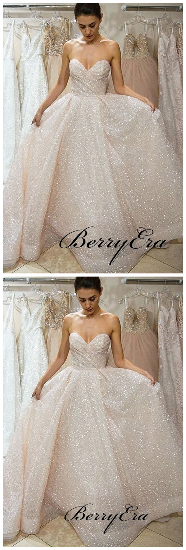 Sweet A-line Strapless Wedding Dresses, Sparkly Modest Wedding Dresses